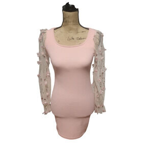 Shein soft pink midi dress with long sheer embroidered sleeves, size 11-12y*